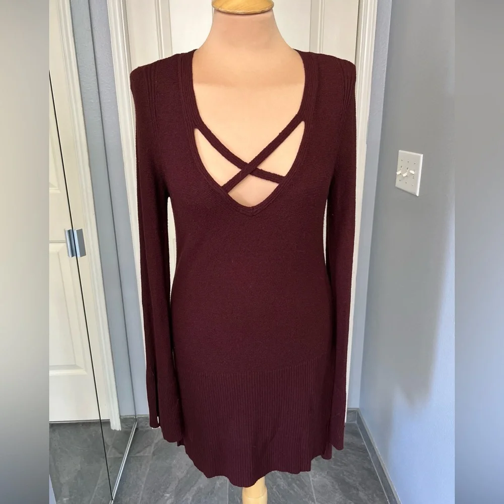 Free People Burgundy Criss‎ Cross Bell Sleeve Tunic Sweater